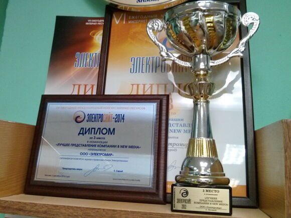 Диплом призёра Электросайт года 2014 рядом с кубком конкурса Электросайт года 2012